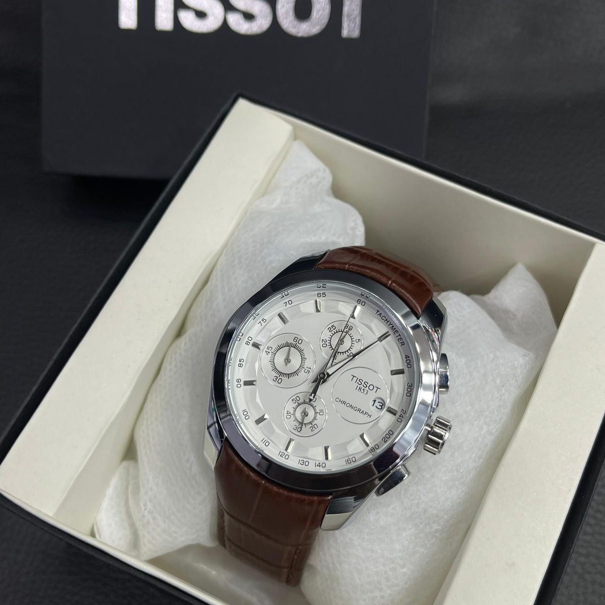 Tissot watch in a box with Tissot branding